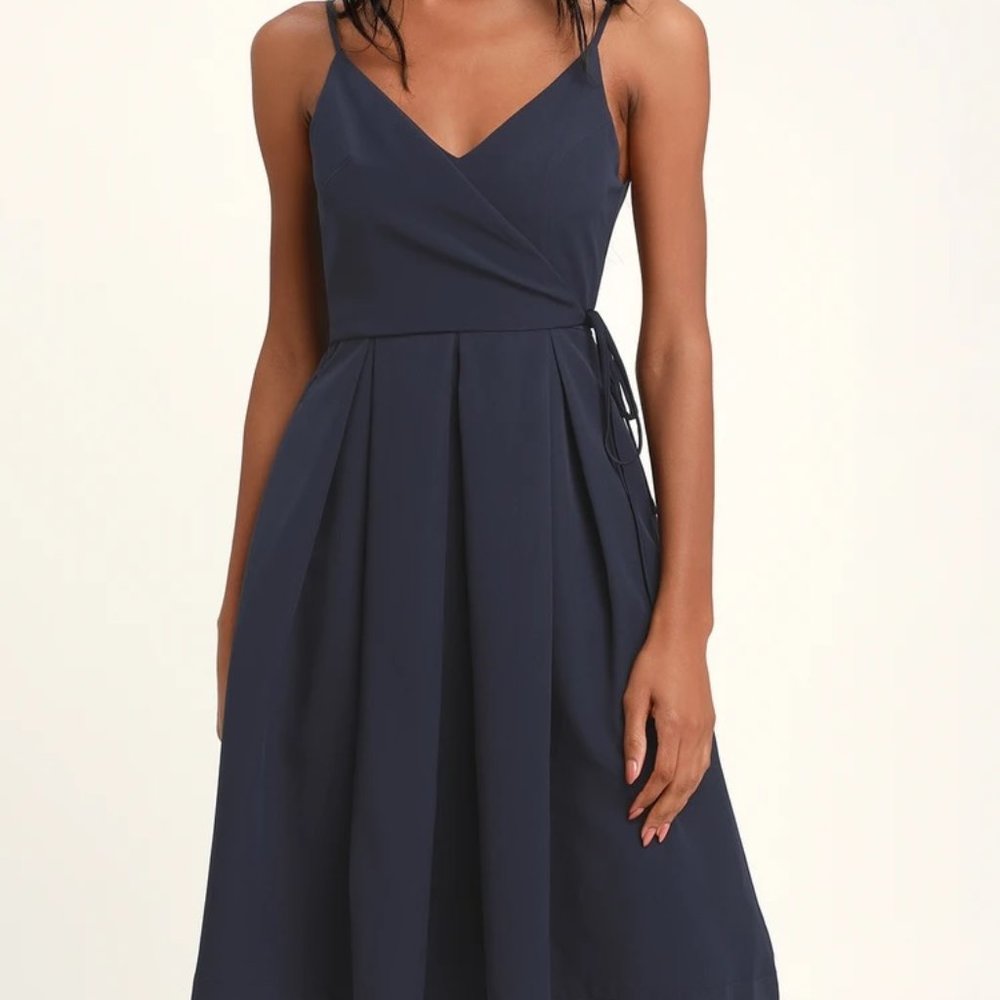 Lulus Thinking About You Blue Pleated Faux Wrap Midi Skater Dress